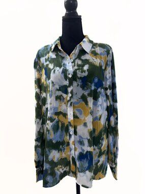 Watercolor Button-Up Blouse – Green Blue Long Sleeve